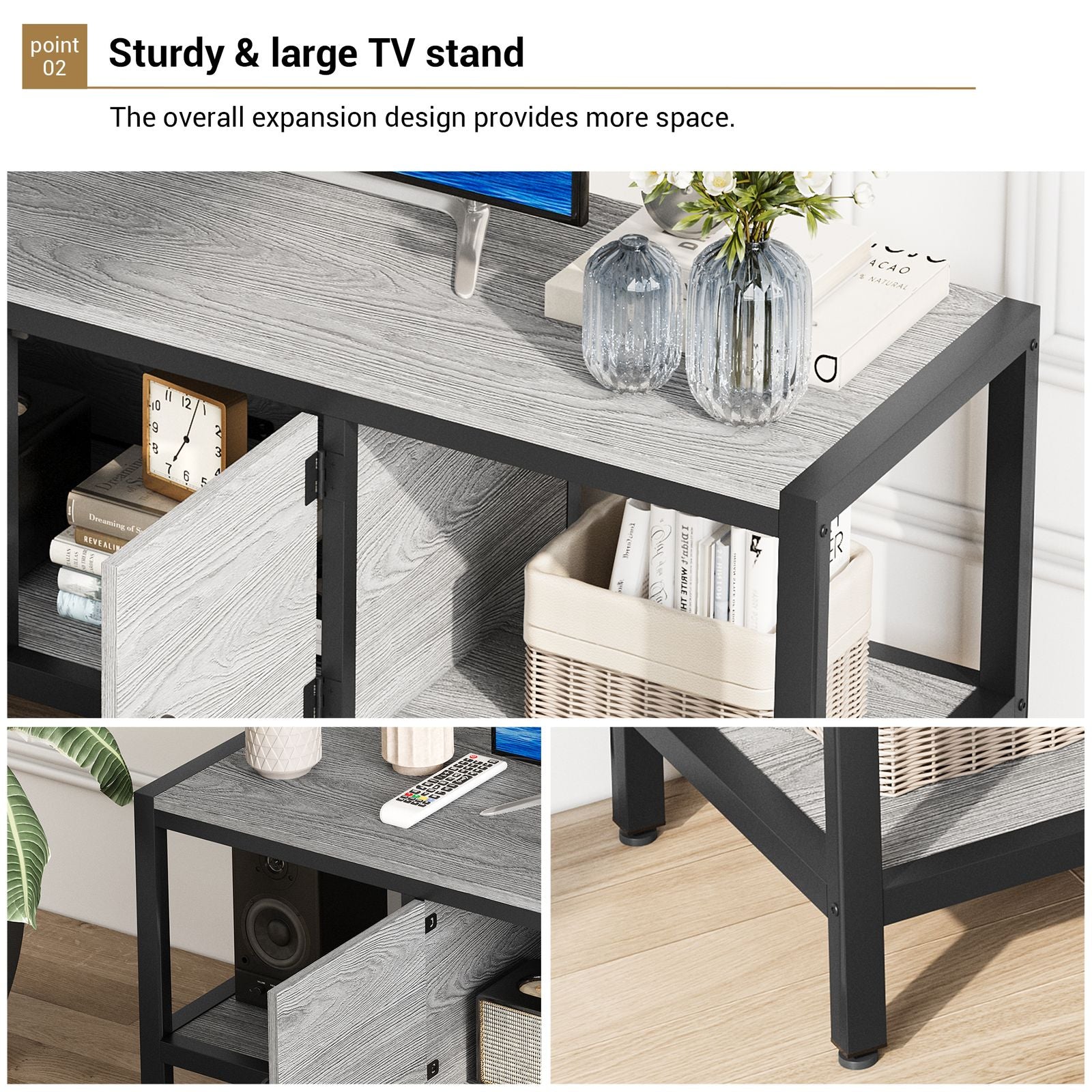 Modern Double Door TV Stand Cabinet with MDF-like - Heavy-Duty Metal, Grey Wood-Look Doors