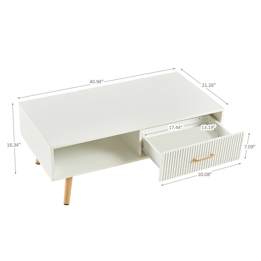 Modern White Rectangle Coffee Table with Sliding Storage Drawer & Solid Wood Legs - Space-Saving MDF Top