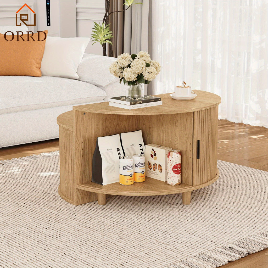 ORRD Modern Round Coffee Table with Sliding Doors - Fluted Design