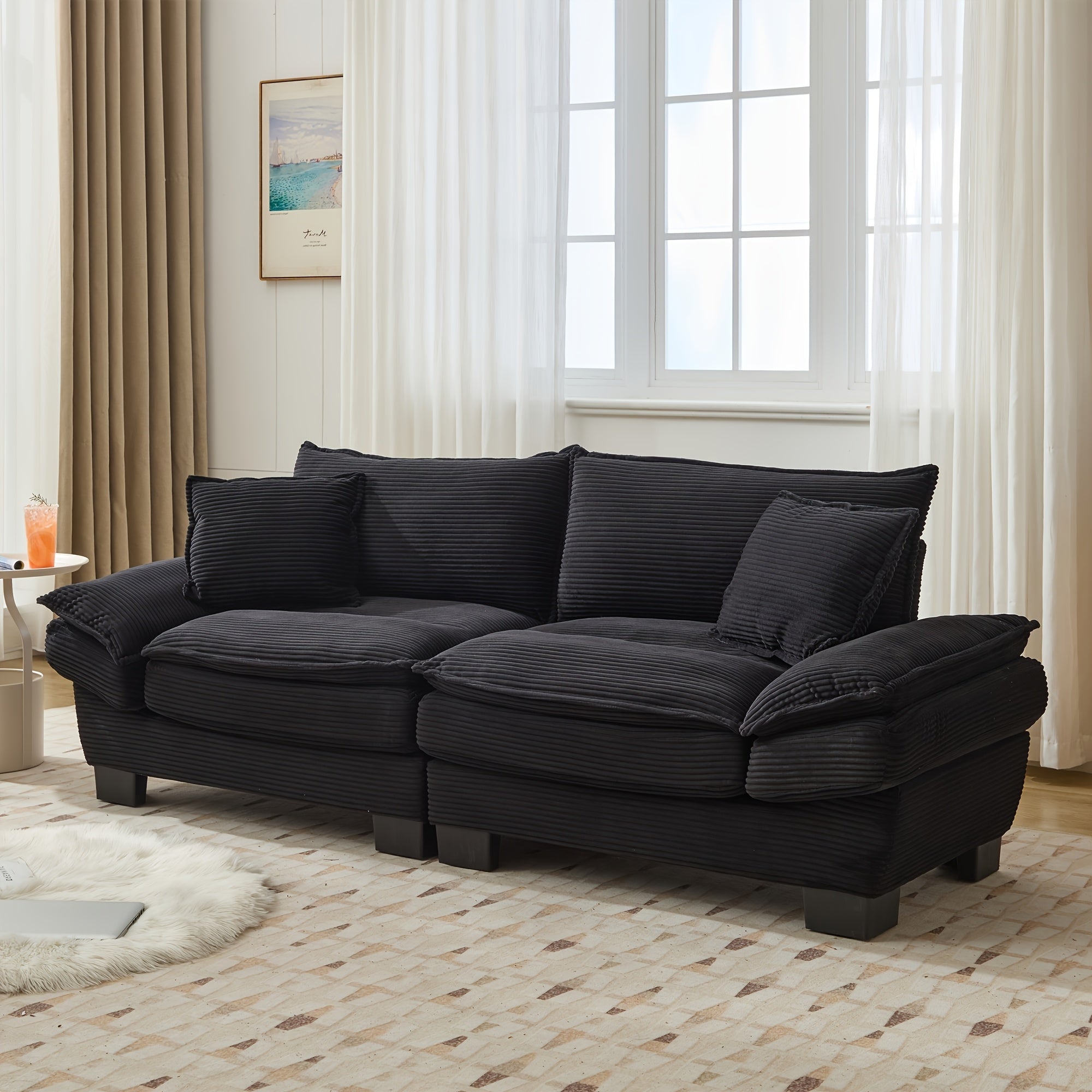 2-Seat Modular Sectional Sofa With Deep Seating, Corduroy Double-Layer Seat Cushions, Memory Foam