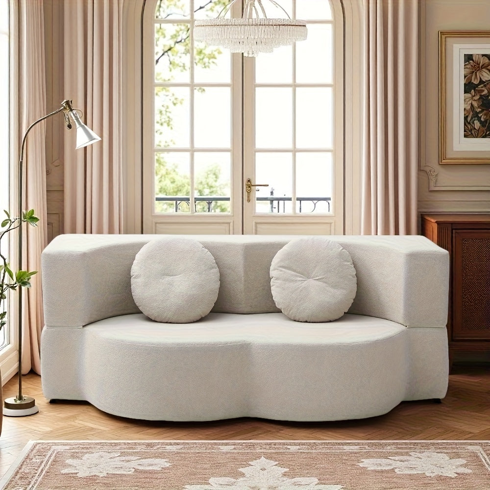 Modern Floor Sofa with 2 Pillows, Convertible Teddy Fabric Foam-Filled Sleeper Sofa Bed, 15\