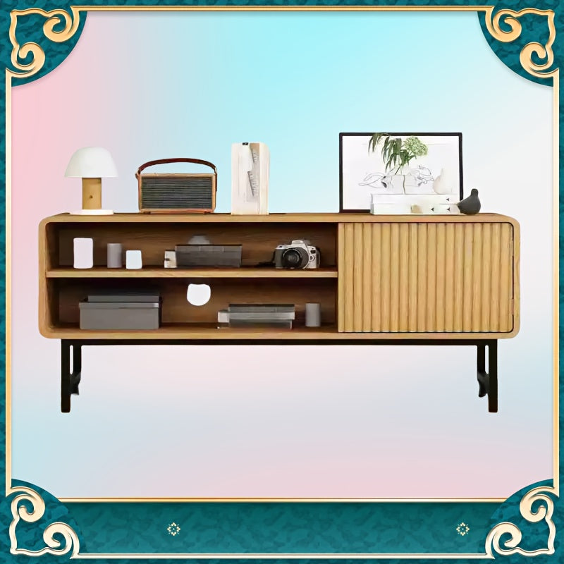 45-Inch Modern Farmhouse Boho TV Stand with Storage Cabinets & Open Shelves - Light Wood Veneer Finish Entertainment Center