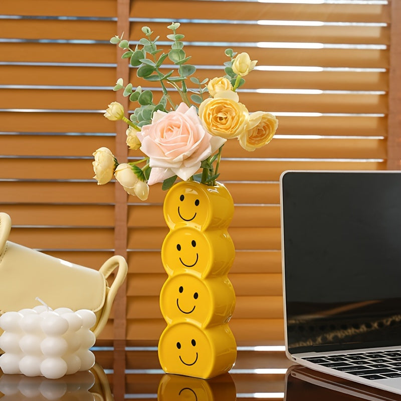 1pc Ceramic Happy Face Bud Vase, Art Deco Cartoon Patterned, Round Shape Boho Centerpiece