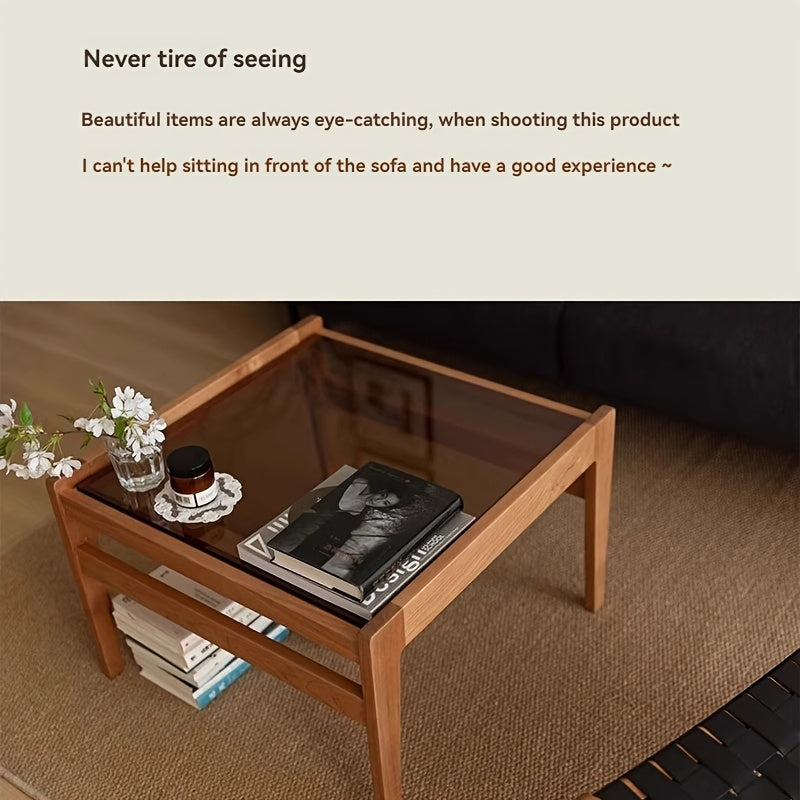 Modern Minimalist Coffee Table - Solid Wood & Brown Tempered Glass Top