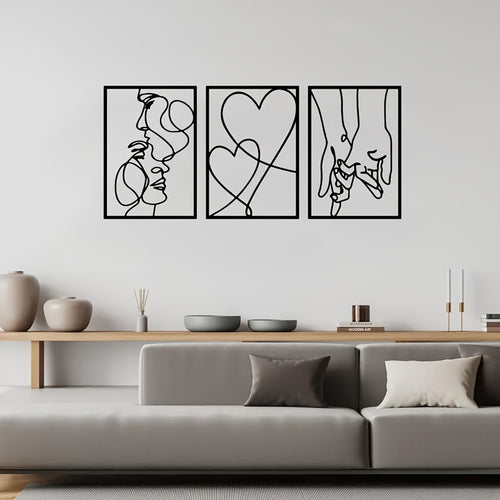 2D Flat, 3pcs set of heart-shaped pattern wall decor with kissing lovers and hand in hand