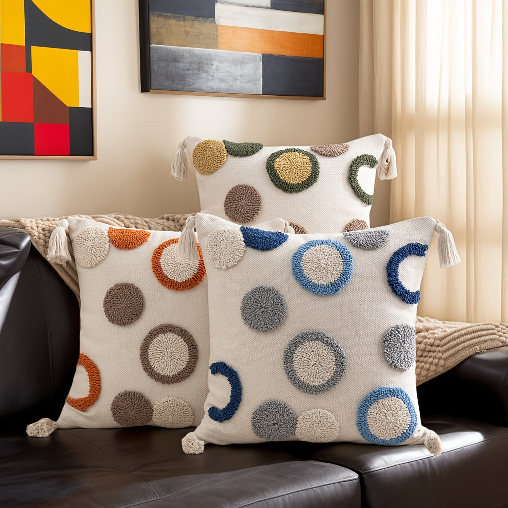 1pc Bohemian Tufted Geometric Circular Pillow Cover with Tassels - Neutral & Multicolor Textured Cushion Case