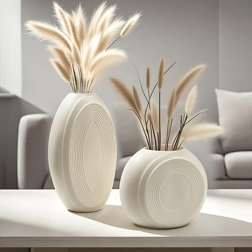 2pcs Wabi Sabi Bohemian Vase Set - Shatterproof Lightweight Tall & Short Round Vases with Matte Cream White Glossy-like Finish