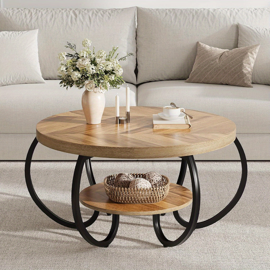 30-inch Round Industrial Modern Coffee Table with Oak Grain Finish & Adjustable Height Legs - Double-Layer Storage Shelf
