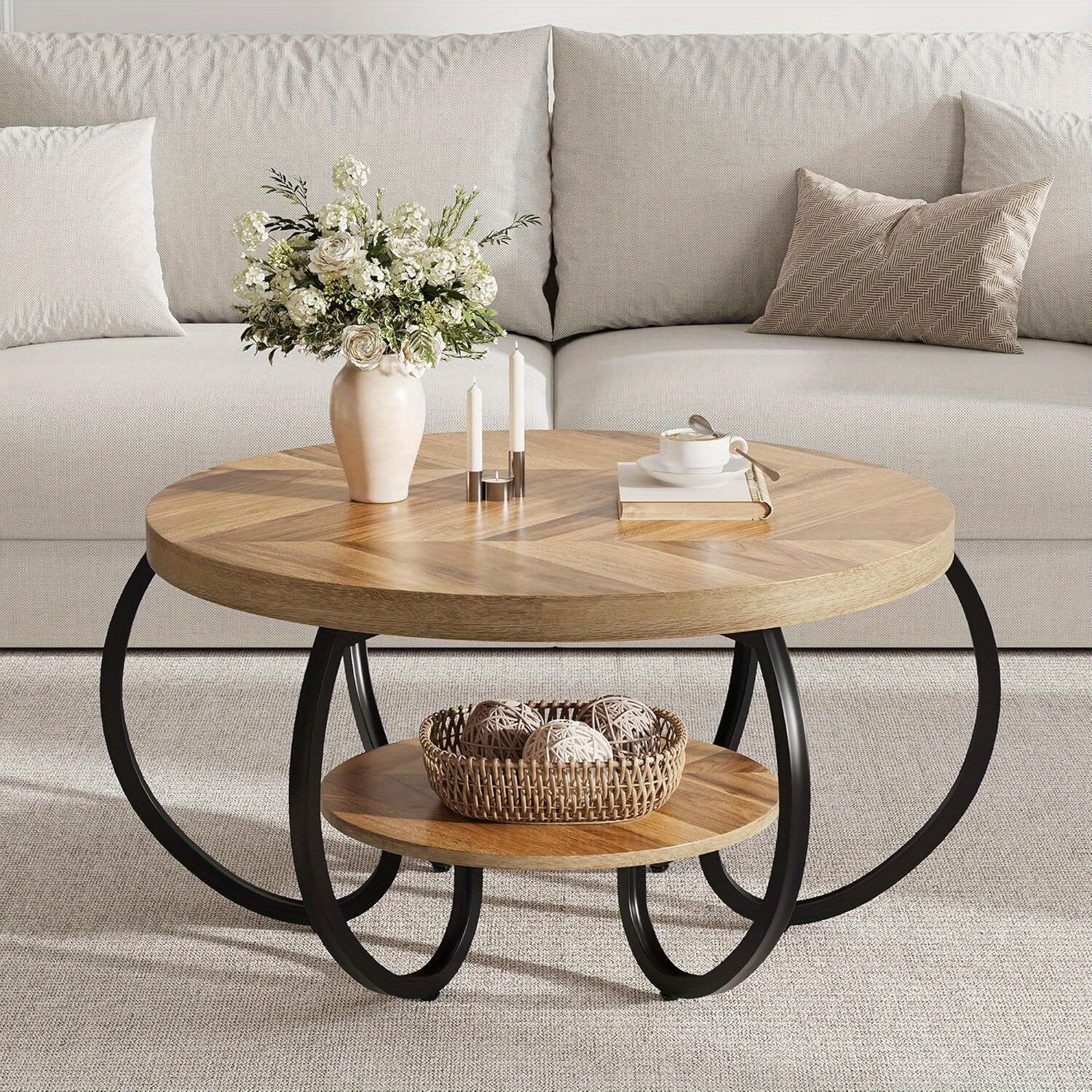 30-inch Round Industrial Modern Coffee Table with Oak Grain Finish & Adjustable Height Legs - Double-Layer Storage Shelf