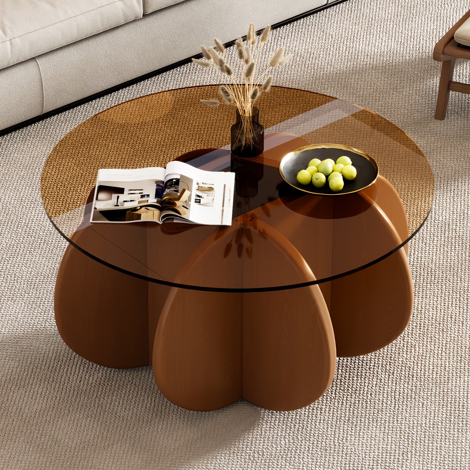 31.5'' Round Glass Coffee Table, Center Table with Tempered Glass-Top for Small Space