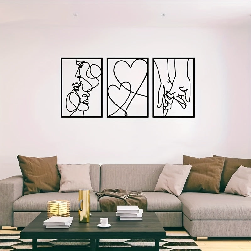 2D Flat, 3pcs set of heart-shaped pattern wall decor with kissing lovers and hand in hand