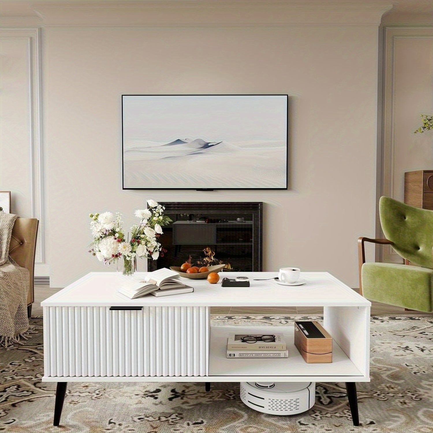 Mid-Century Modern Coffee Table with Sliding Door Storage - Large Rectangle Living Room Center Table