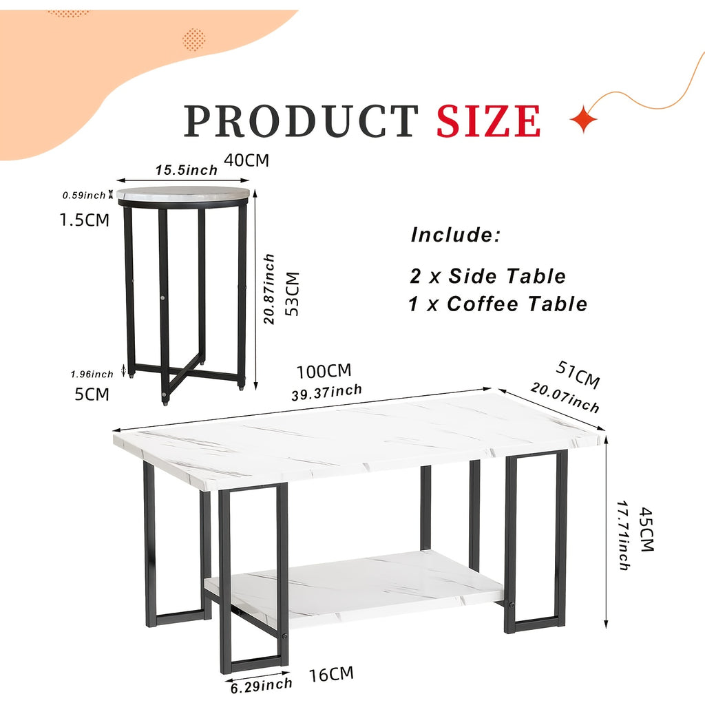 3pcs Coffee Table Set, Faux Marble Coffee Table with 2 Side Table
