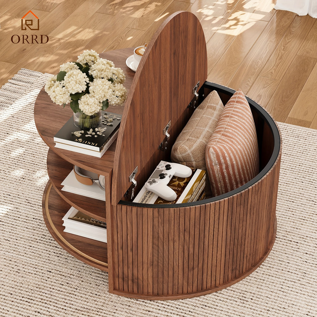 ORRD Modern Round Coffee Table with Sliding Doors - Fluted Design