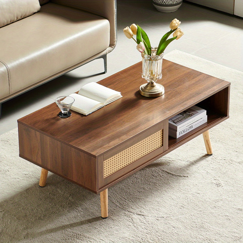 Modern Walnut Coffee Table with Sliding Storage Door & Solid Wood Legs - Space-Saving MDF & Hardwood Construction
