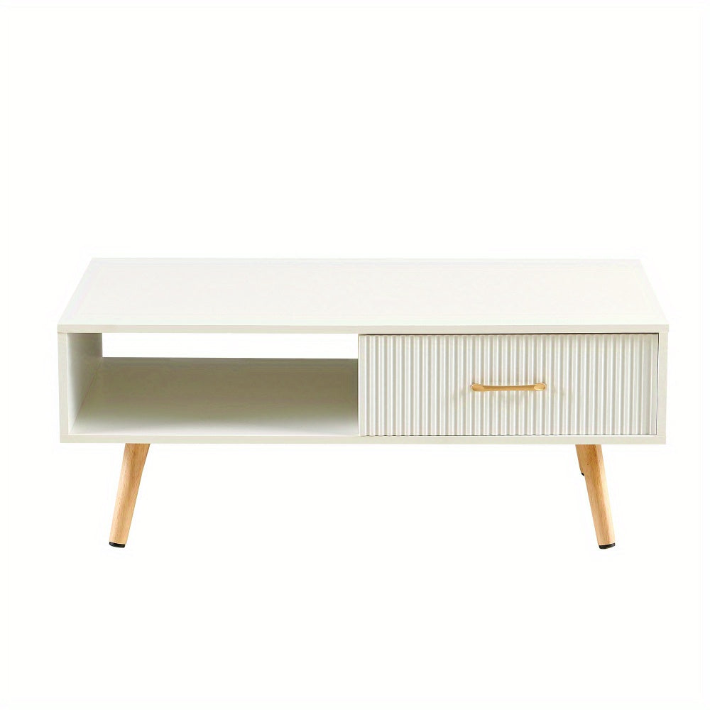 Modern White Rectangle Coffee Table with Sliding Storage Drawer & Solid Wood Legs - Space-Saving MDF Top