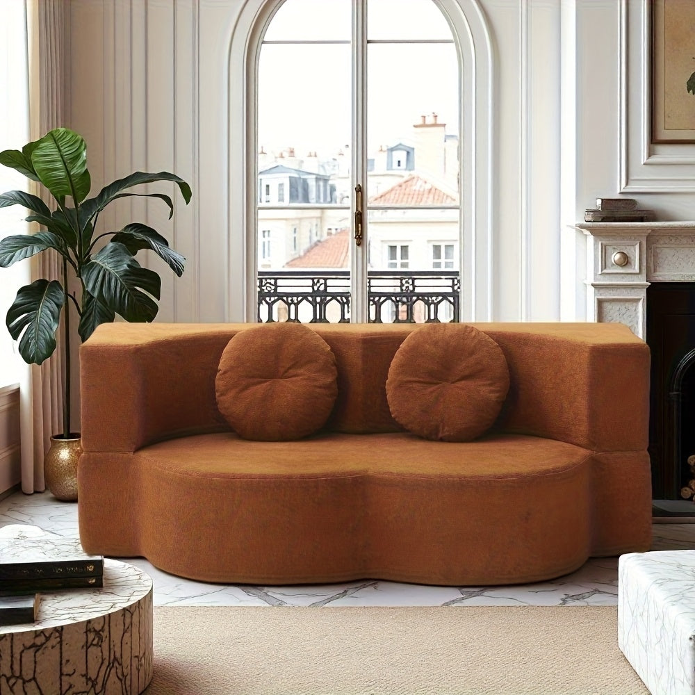 Modern Floor Sofa with 2 Pillows, Convertible Teddy Fabric Foam-Filled Sleeper Sofa Bed, 15\