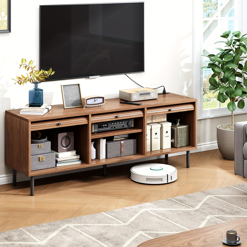 Walnut TV Stand Mid-Century Modern Walnut TV Stand - 59 Inch Entertainment Center with Power Outlet