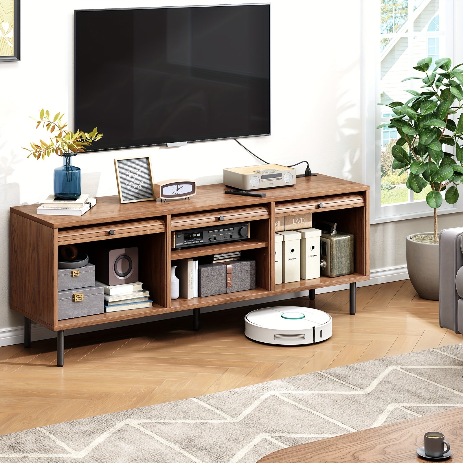 Walnut TV Stand Mid-Century Modern Walnut TV Stand - 59 Inch Entertainment Center with Power Outlet