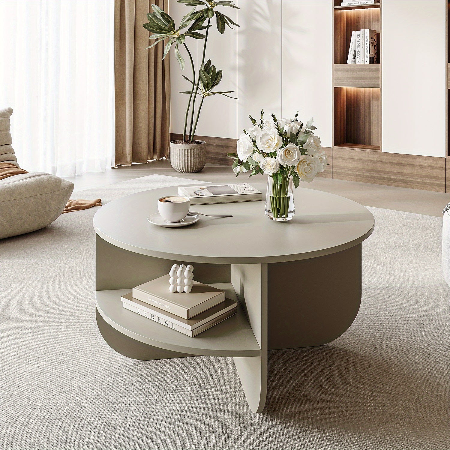 Modern Round Coffee Table with Storage - Classic Contemporary Design with Curved Legs & Lower Shelf