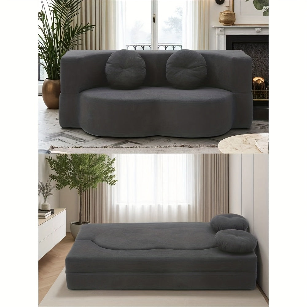 Modern Floor Sofa with 2 Pillows, Convertible Teddy Fabric Foam-Filled Sleeper Sofa Bed, 15\