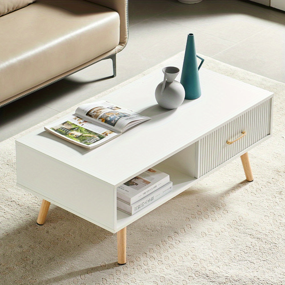 Modern White Rectangle Coffee Table with Sliding Storage Drawer & Solid Wood Legs - Space-Saving MDF Top