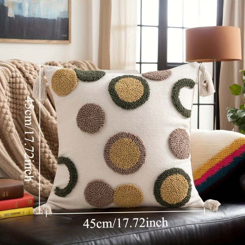 1pc Bohemian Tufted Geometric Circular Pillow Cover with Tassels - Neutral & Multicolor Textured Cushion Case