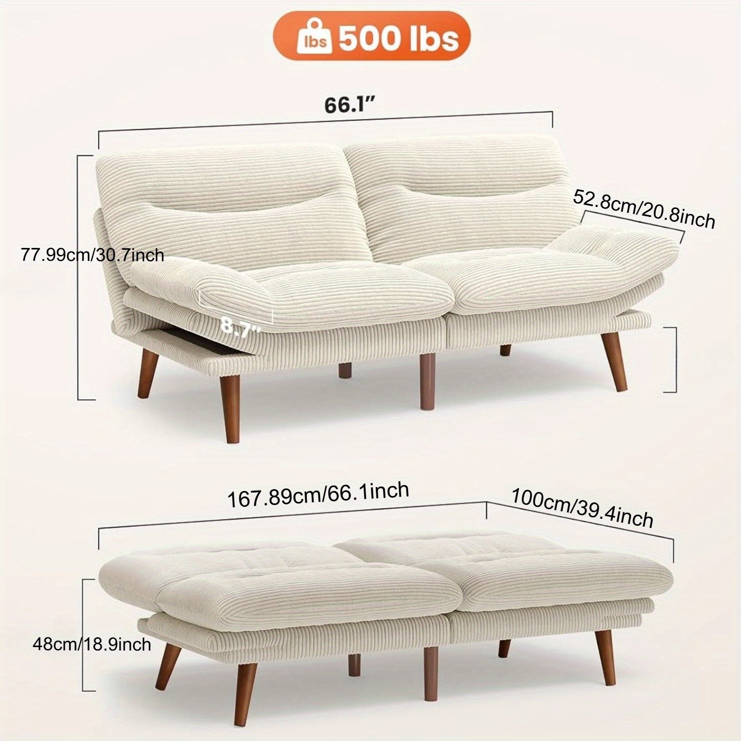 66-75Inch Futon Sofa Bed with Adjustable Backrest Armrests, Convertible Futon Sofa Couch for Small Spaces