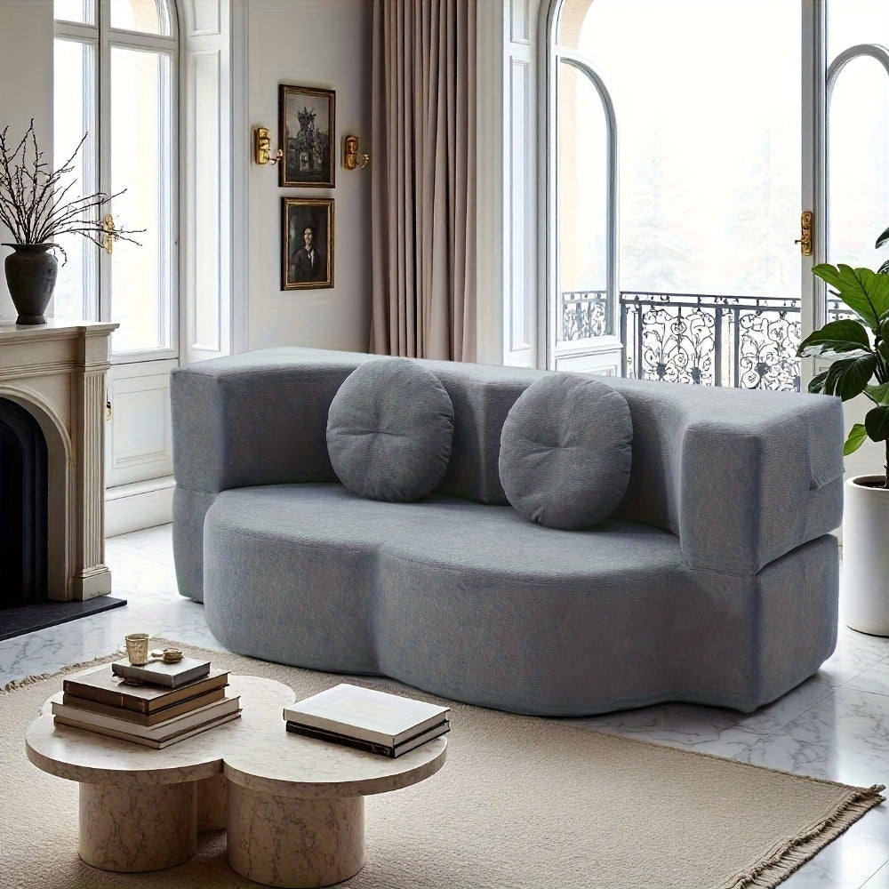 Modern Floor Sofa with 2 Pillows, Convertible Teddy Fabric Foam-Filled Sleeper Sofa Bed, 15\