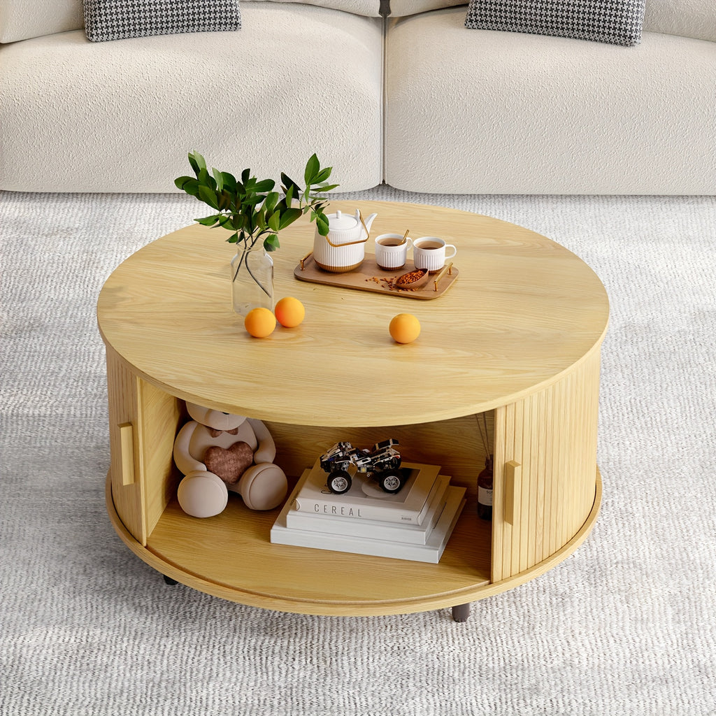 31.5 Inch Wooden Round Coffee Table With Storage Space