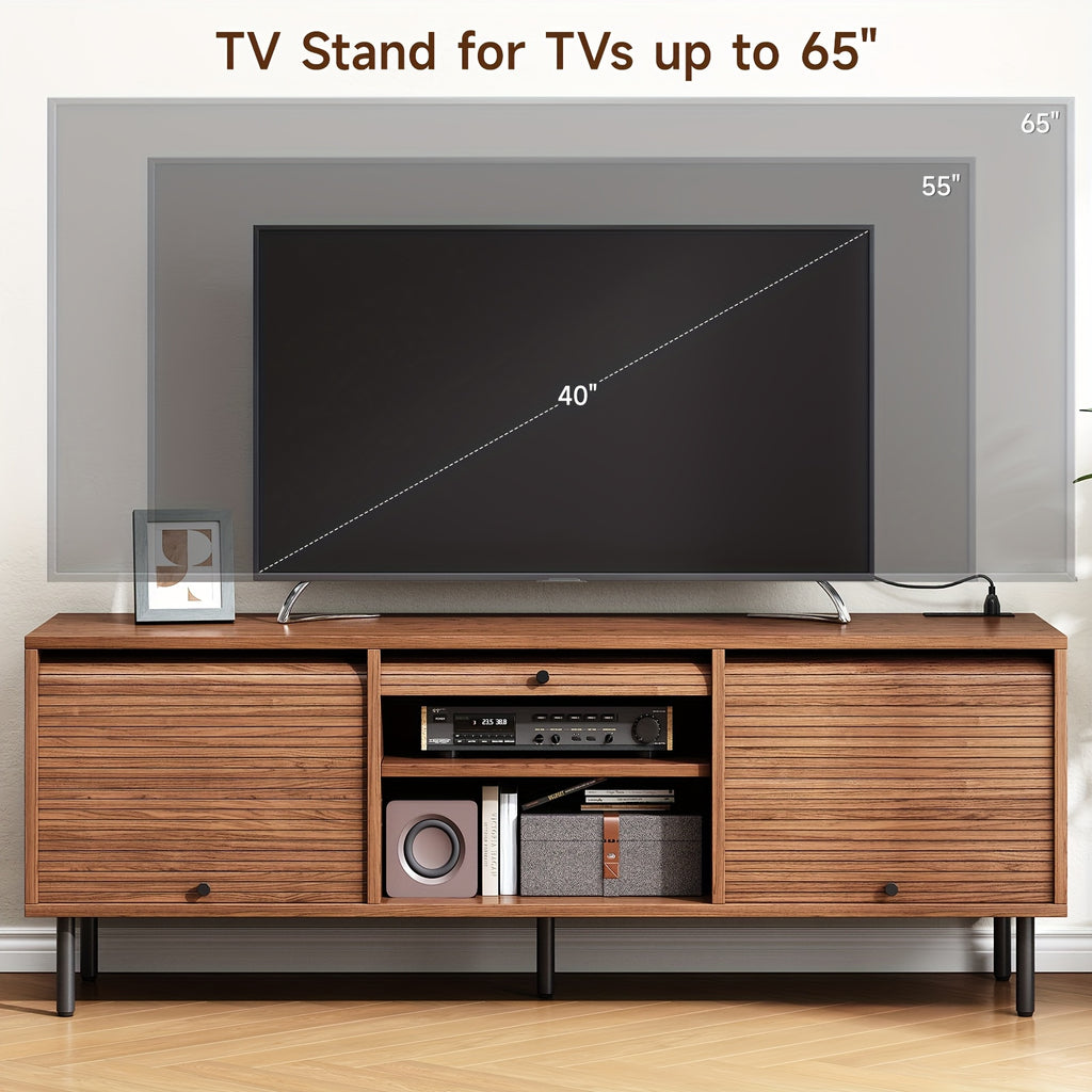 Walnut TV Stand Mid-Century Modern Walnut TV Stand - 59 Inch Entertainment Center with Power Outlet