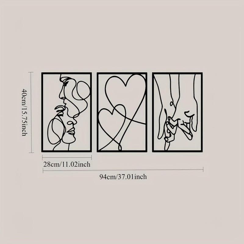 2D Flat, 3pcs set of heart-shaped pattern wall decor with kissing lovers and hand in hand