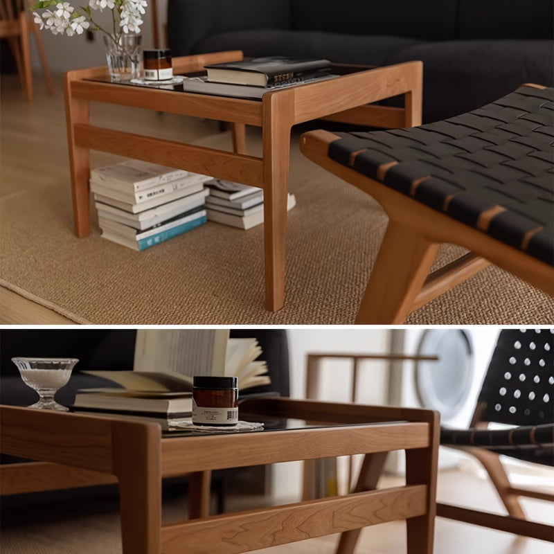Modern Minimalist Coffee Table - Solid Wood & Brown Tempered Glass Top