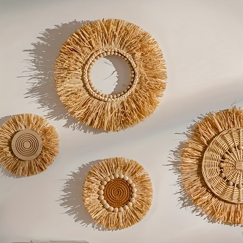 Bohemian style raffia wall decoration - artificial wood geometric circular design, natural beige tone