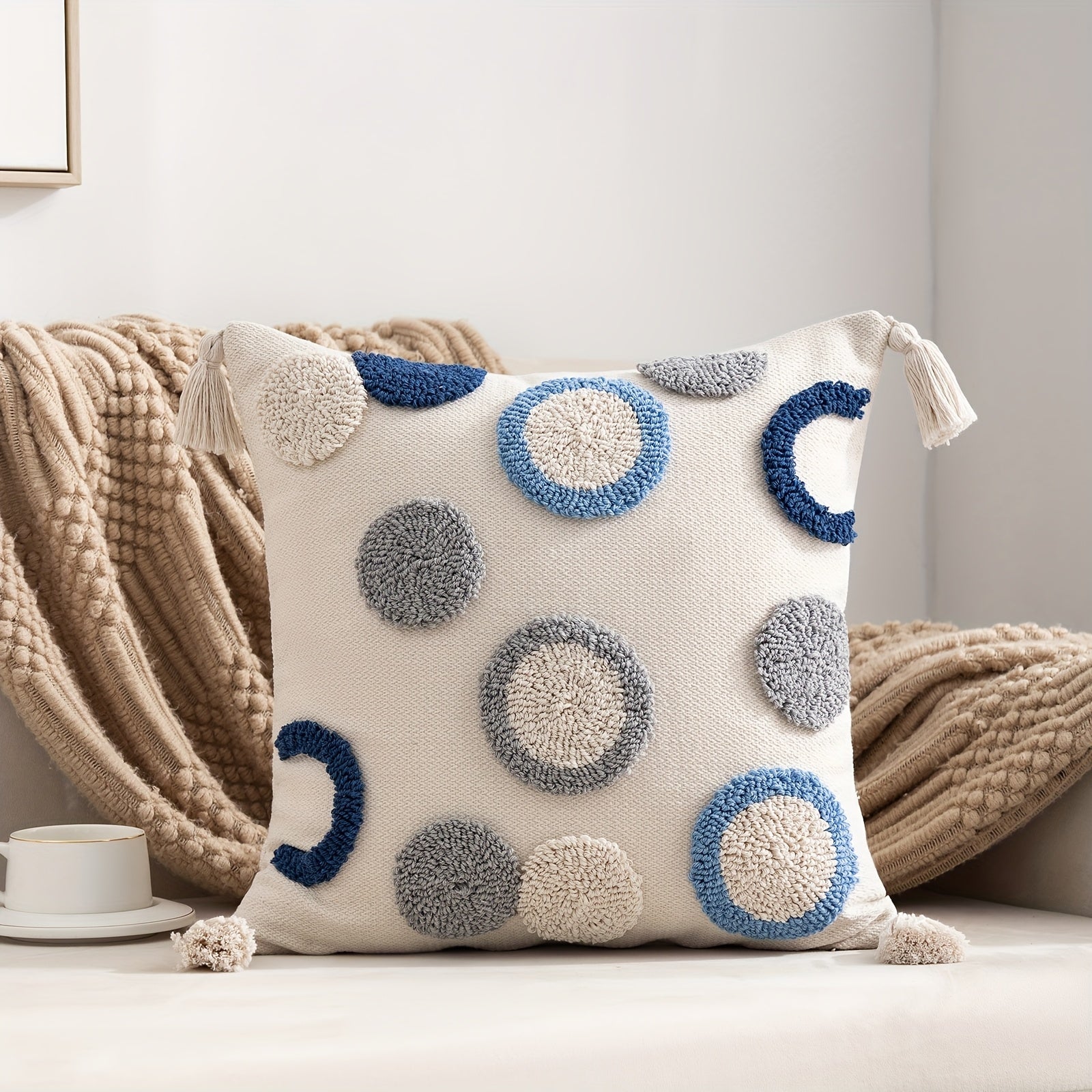 1pc Bohemian Tufted Geometric Circular Pillow Cover with Tassels - Neutral & Multicolor Textured Cushion Case