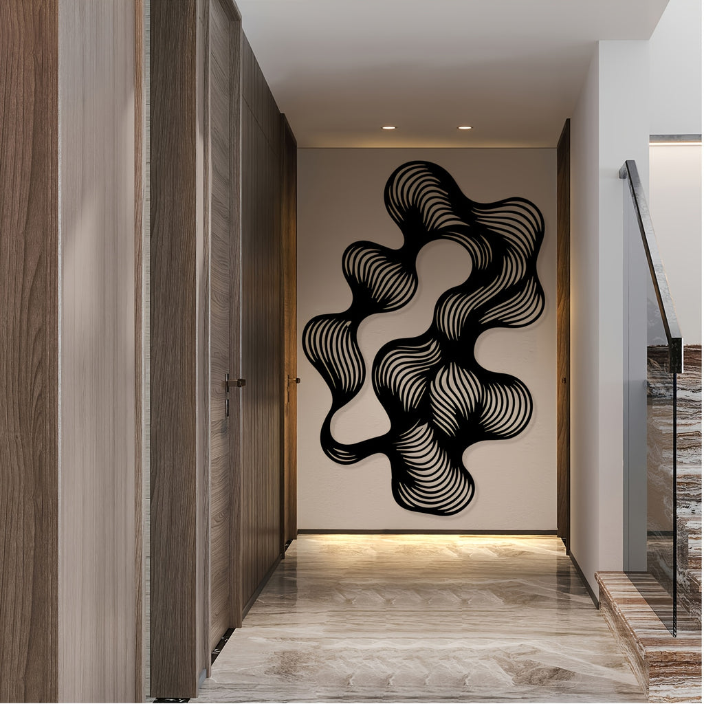 1pc Retro-Modern Abstract Flow Line Metal Wall Art - Black Iron Wire Mural with Dynamic Curves