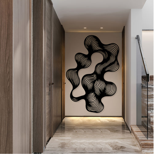 1pc Retro-Modern Abstract Flow Line Metal Wall Art - Black Iron Wire Mural with Dynamic Curves