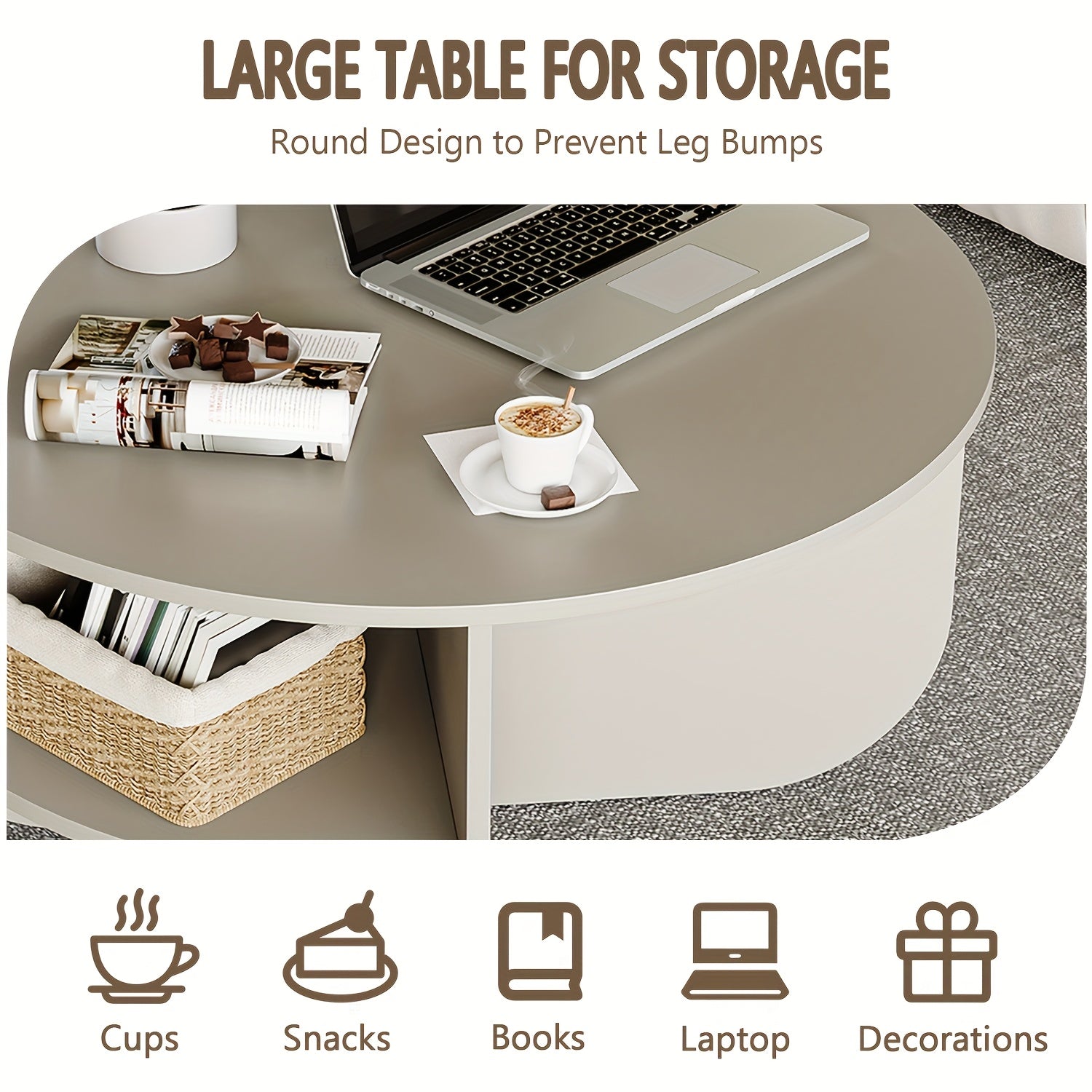 Modern Round Coffee Table with Storage - Classic Contemporary Design with Curved Legs & Lower Shelf