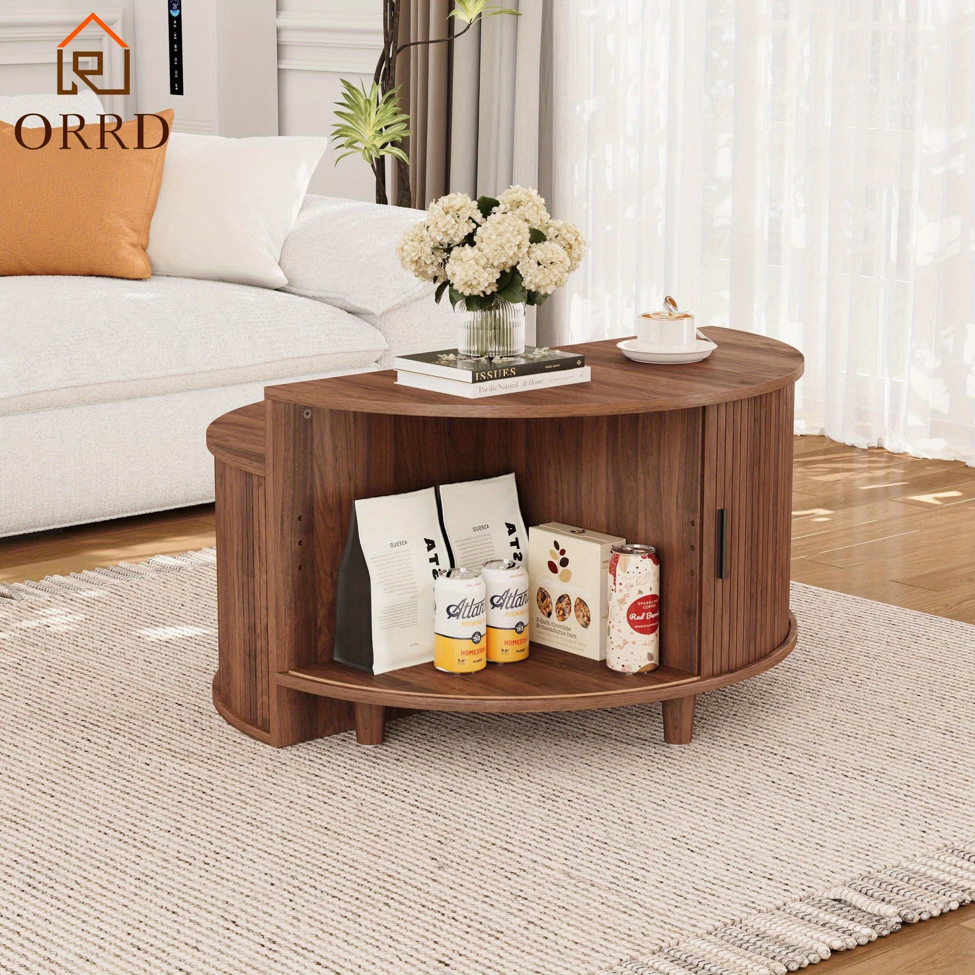 ORRD Modern Round Coffee Table with Sliding Doors - Fluted Design