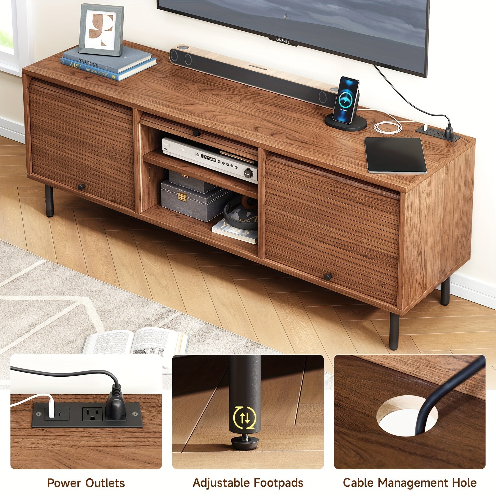 Walnut TV Stand Mid-Century Modern Walnut TV Stand - 59 Inch Entertainment Center with Power Outlet