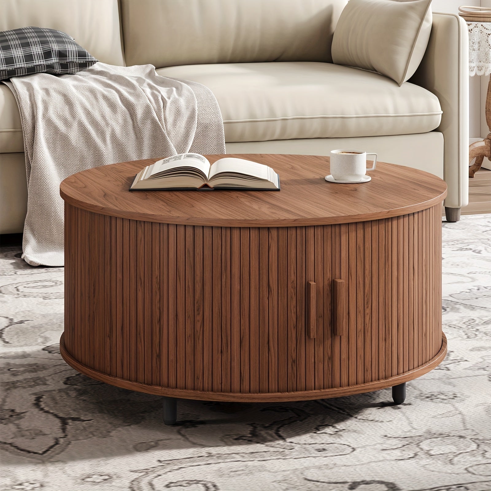 31.5 Inch Wooden Round Coffee Table With Storage Space