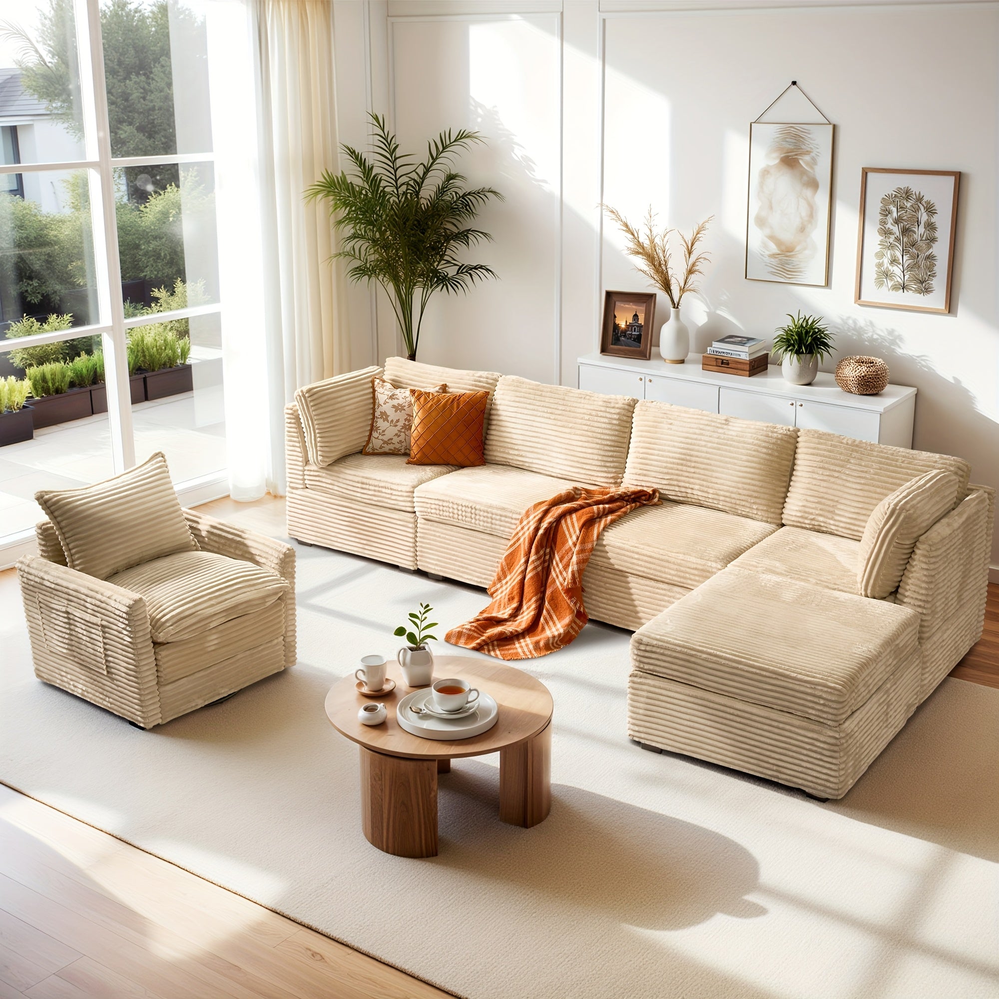 Living Room Sectional Sofa for Large Space, Deep Seat Modular Couch with A Single Rocking Sofa Chair