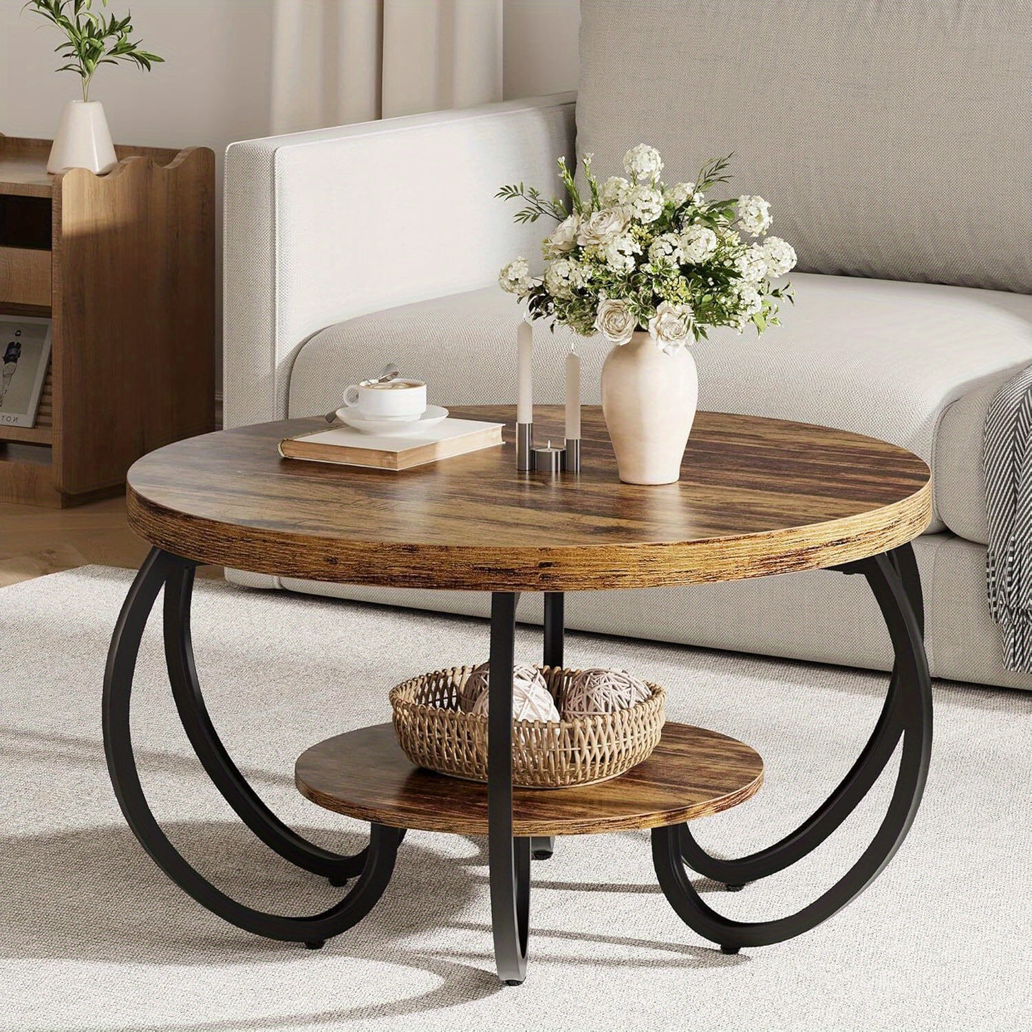30-inch Round Industrial Modern Coffee Table with Oak Grain Finish & Adjustable Height Legs - Double-Layer Storage Shelf