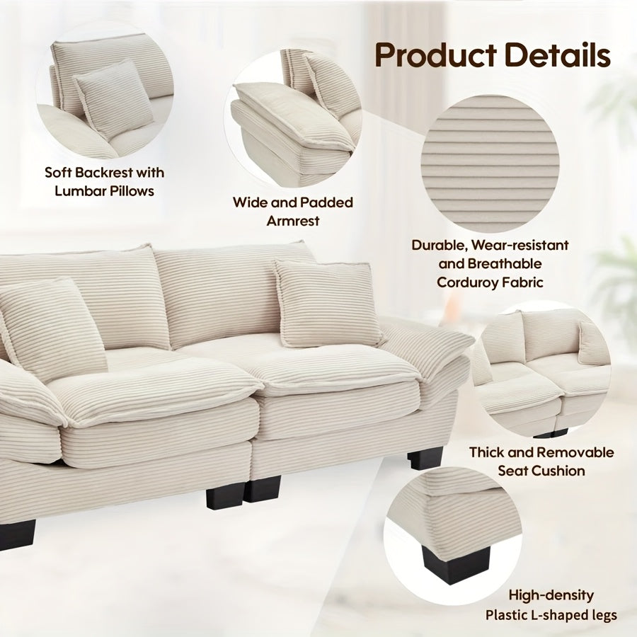 2-Seat Modular Sectional Sofa With Deep Seating, Corduroy Double-Layer Seat Cushions, Memory Foam