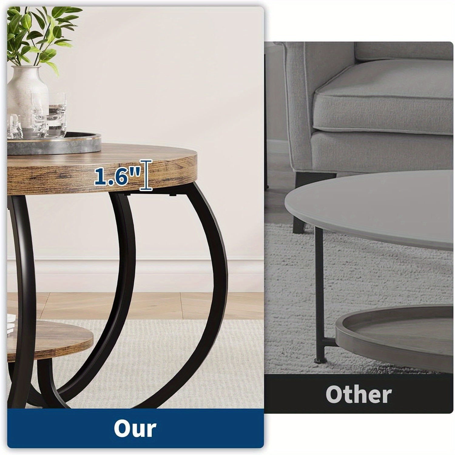 30-inch Round Industrial Modern Coffee Table with Oak Grain Finish & Adjustable Height Legs - Double-Layer Storage Shelf