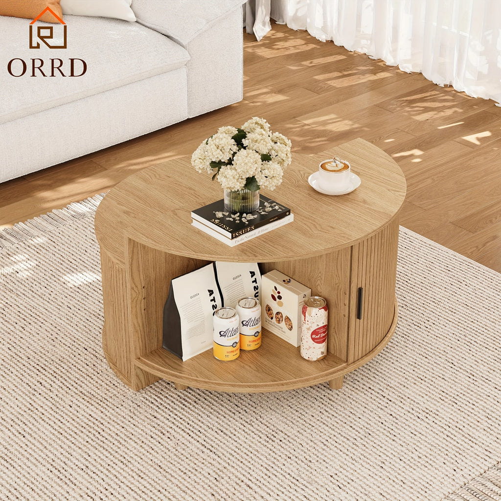 ORRD Modern Round Coffee Table with Sliding Doors - Fluted Design