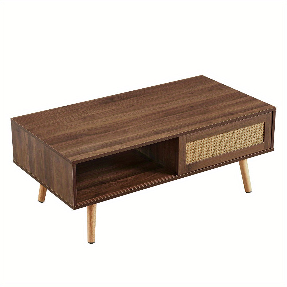 Modern Walnut Coffee Table with Sliding Storage Door & Solid Wood Legs - Space-Saving MDF & Hardwood Construction