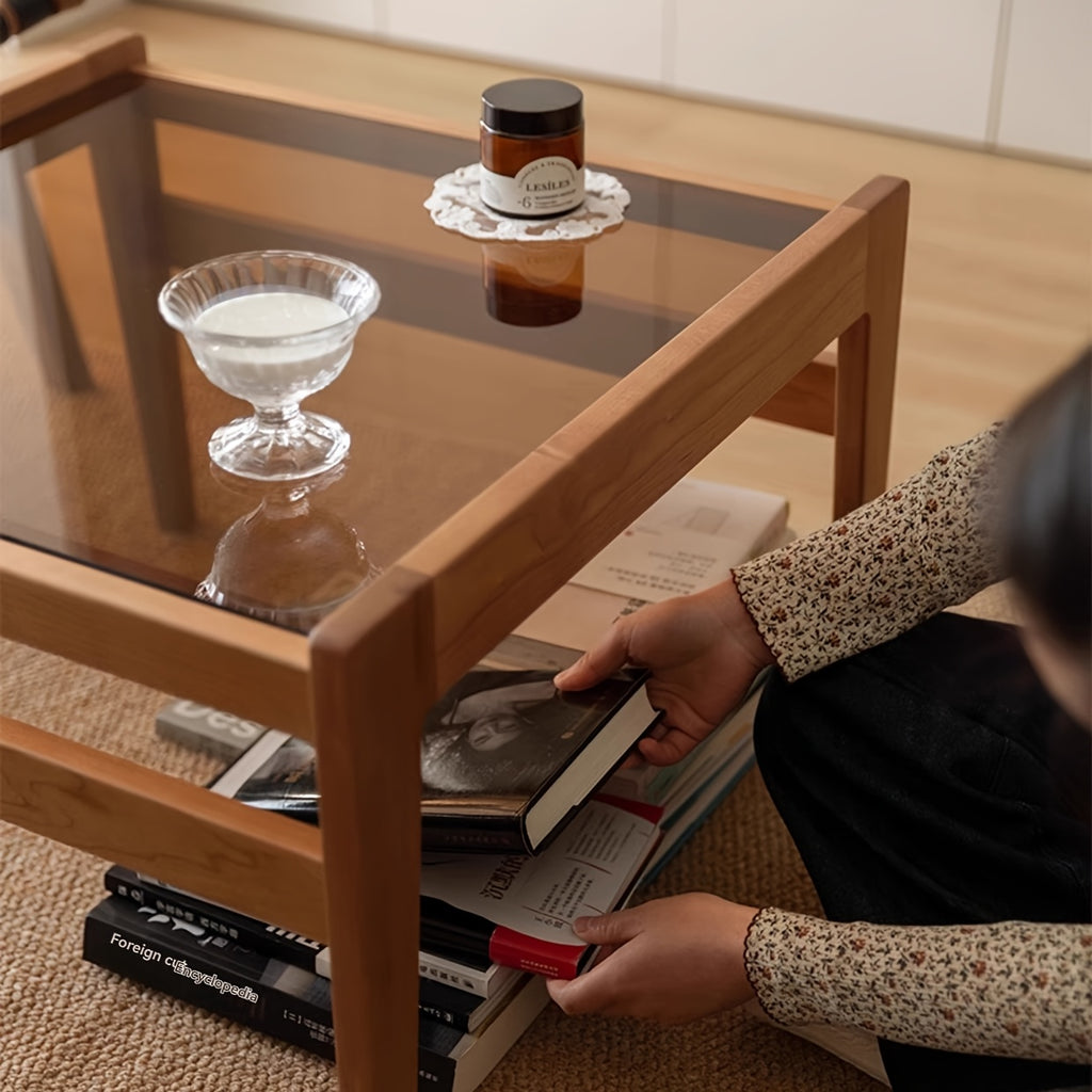 Modern Minimalist Coffee Table - Solid Wood & Brown Tempered Glass Top