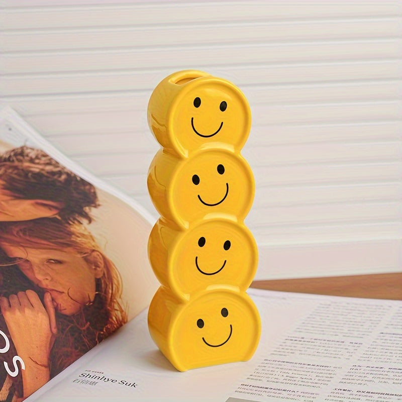 1pc Ceramic Happy Face Bud Vase, Art Deco Cartoon Patterned, Round Shape Boho Centerpiece