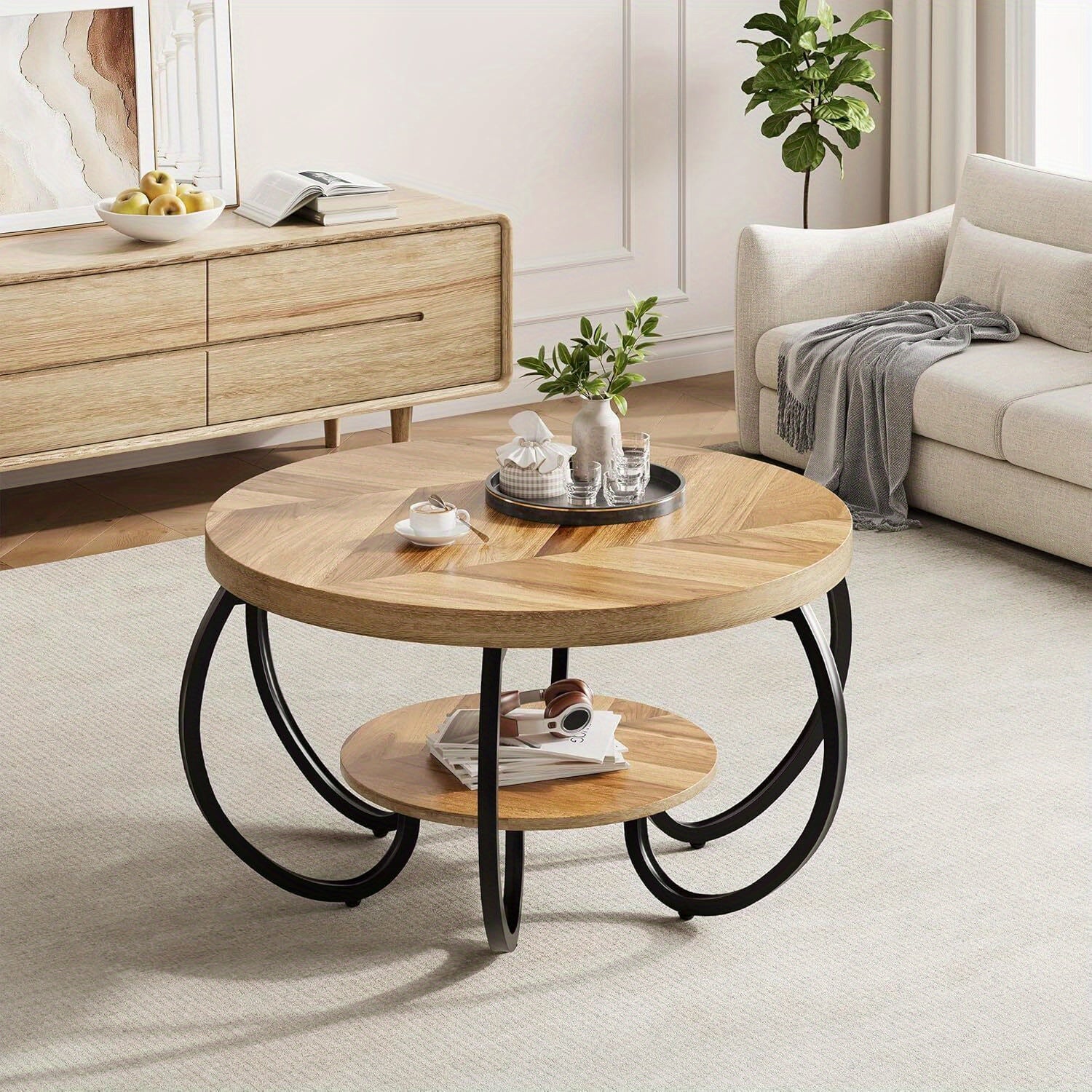 30-inch Round Industrial Modern Coffee Table with Oak Grain Finish & Adjustable Height Legs - Double-Layer Storage Shelf